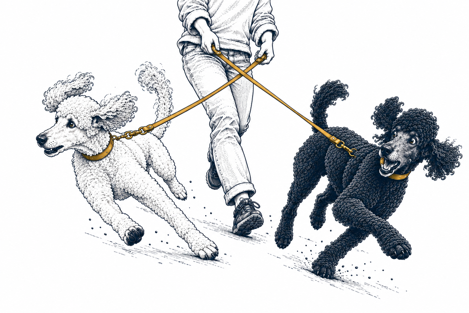 Two large poodles on a walk: one pulling enthusiastically ahead while the other sits firmly behind.